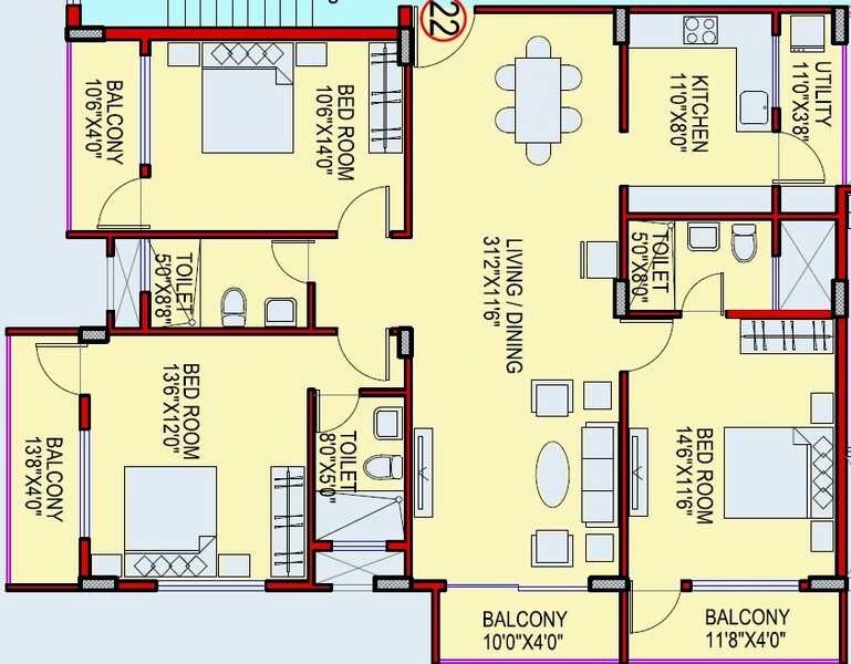 Floor plan of 3 BHK 1257 Sq. Ft. Apartment in Ashish A N Reddy Apartment, Bangalore