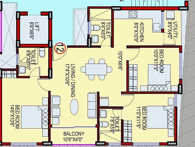 Floor plan of 3 BHK 1684 Sq. Ft. Apartment in Ashish A N Reddy Apartment, Bangalore