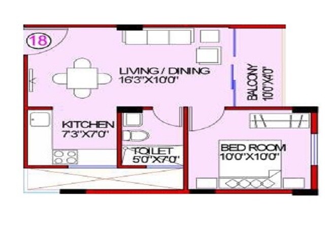 Floor plan of 1 BHK 540 Sq. Ft. Apartment in Ashish Green Phase I, Bangalore