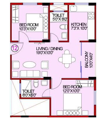 Floor plan of 2 BHK 841 Sq. Ft. Apartment in Ashish Green Phase I, Bangalore