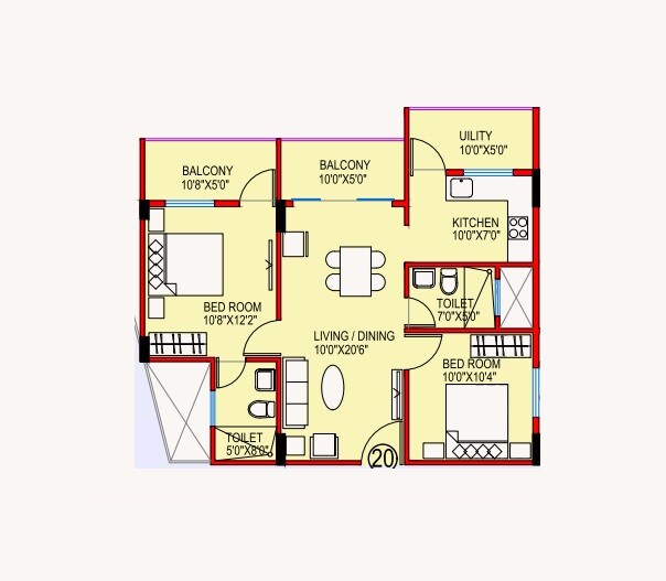 Floor plan of 2 BHK Apartment - 1068 sq. ft. in Ashish MNRST Apartment, Bangalore