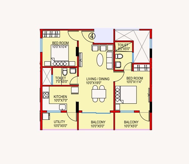 Floor plan of 2 BHK Apartment - 783 sq. ft. in Ashish MNRST Apartment, Bangalore