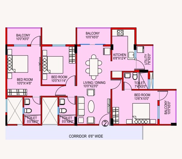 Floor plan of 3 BHK Apartment - 1400 sq. ft. in Ashish MNRST Apartment, Bangalore