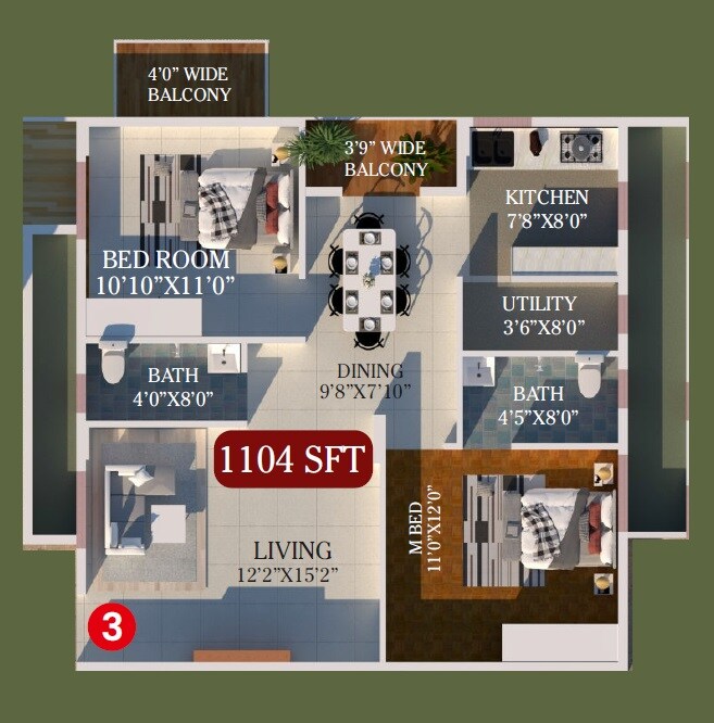 Floor plan of 2 BHK 1104 Sq. Ft. Apartment in Ashraya Meadows, Bangalore