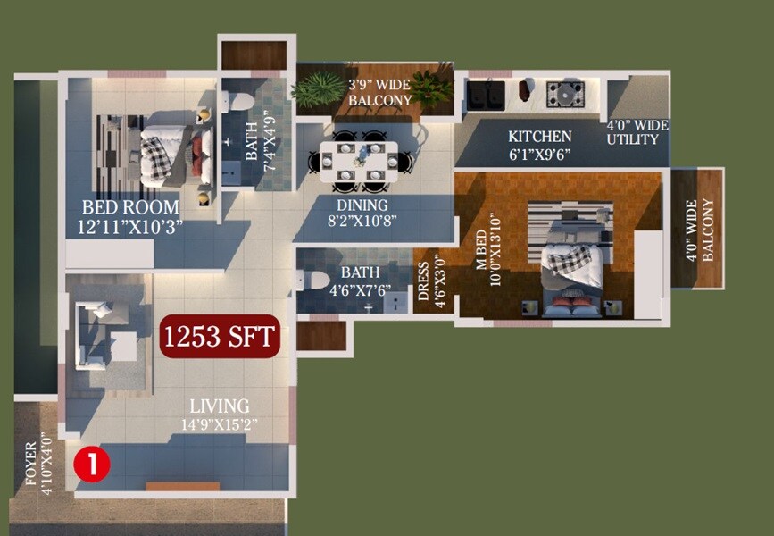 Floor plan of 2 BHK 1253 Sq. Ft. Apartment in Ashraya Meadows, Bangalore