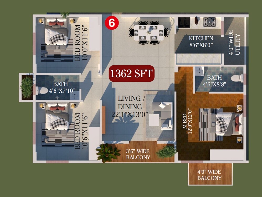Floor plan of 3 BHK 1362 Sq. Ft. Apartment in Ashraya Meadows, Bangalore