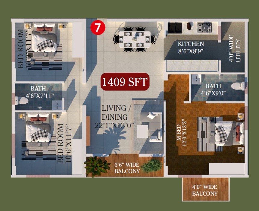 Floor plan of 3 BHK 1409 Sq. Ft. Apartment in Ashraya Meadows, Bangalore