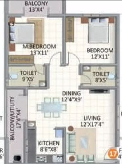 Floor plan of 2 BHK 1255 Sq. Ft. Apartment in ASN Galaxy, Bangalore