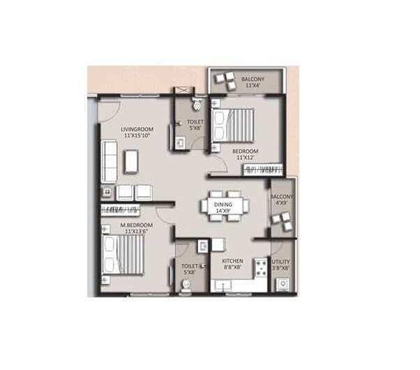 Floor plan of 2 BHK 1033 Sq. Ft. Apartment in ASN Gardenia, Bangalore