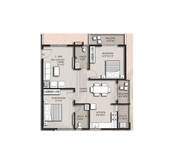 Floor plan of 2 BHK 1300 Sq. Ft. Apartment in ASN Gardenia, Bangalore
