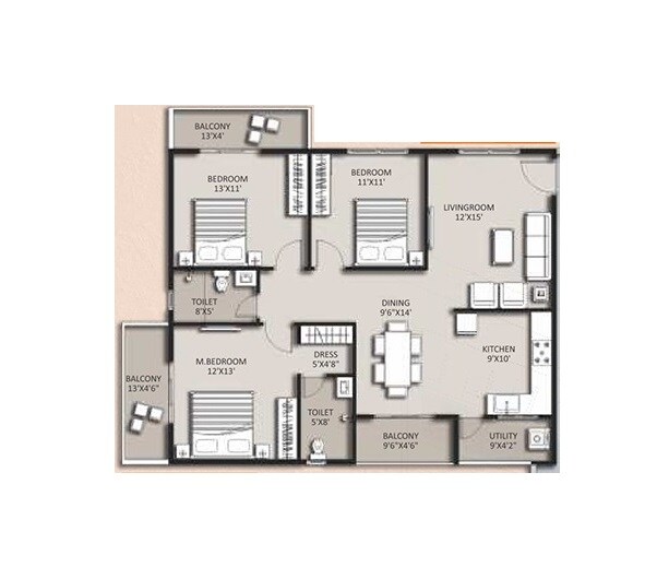 Floor plan of 3 BHK 1409 Sq. Ft. Apartment in ASN Gardenia, Bangalore