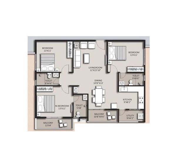Floor plan of 3 BHK 1750 Sq. Ft. Apartment in ASN Gardenia, Bangalore