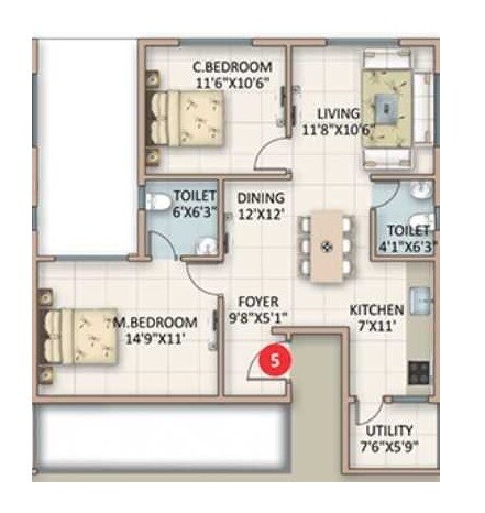 Floor plan of 2 BHK 1032 Sq. Ft. Apartment in ASN Serenity, Bangalore