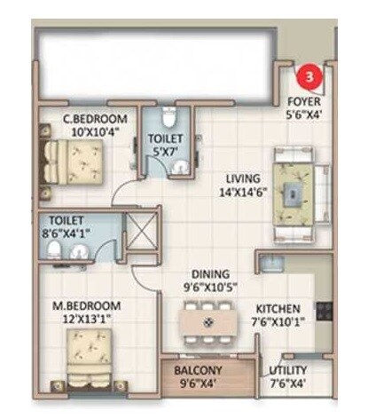Floor plan of 2 BHK 1105 Sq. Ft. Apartment in ASN Serenity, Bangalore