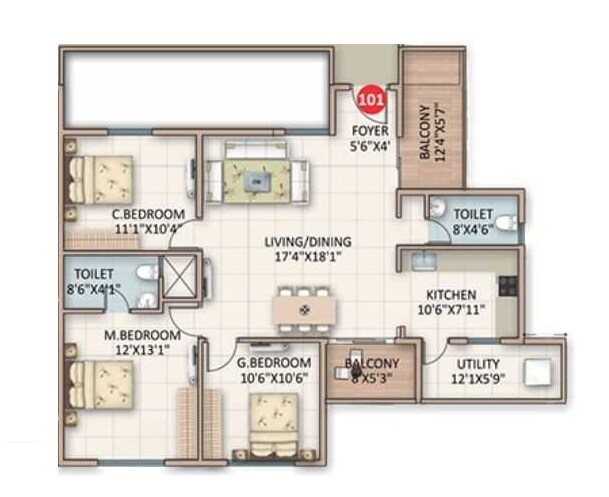 Floor plan of 3 BHK 1300 Sq. Ft. Apartment in ASN Serenity, Bangalore