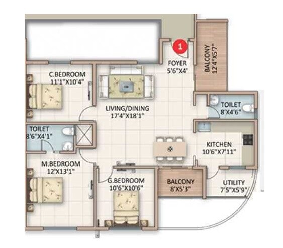 Floor plan of 3 BHK 1365 Sq. Ft. Apartment in ASN Serenity, Bangalore