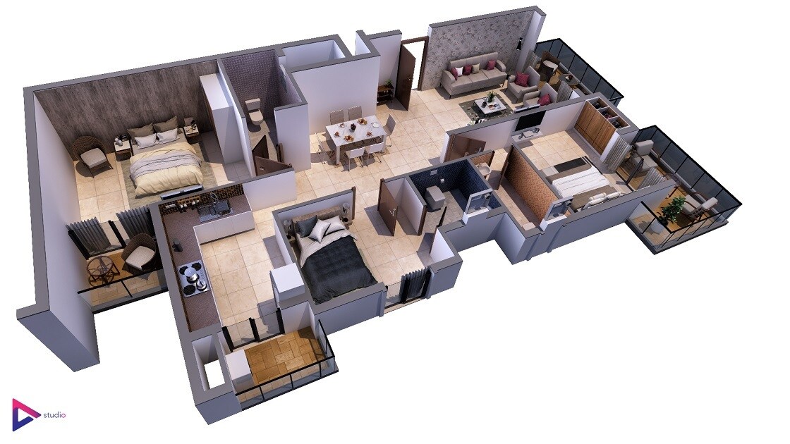 Floor plan of 3 BHK 2050 Sq. Ft. Apartment in ASN Srikaram, Bangalore