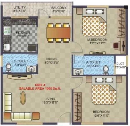 Floor plan of 2 BHK 1060 Sq. Ft. Apartment in Asritha Elegance, Bangalore