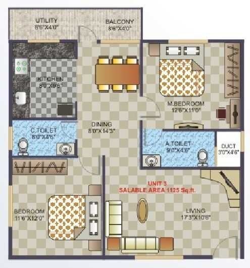Floor plan of 2 BHK 1125 Sq. Ft. Apartment in Asritha Elegance, Bangalore