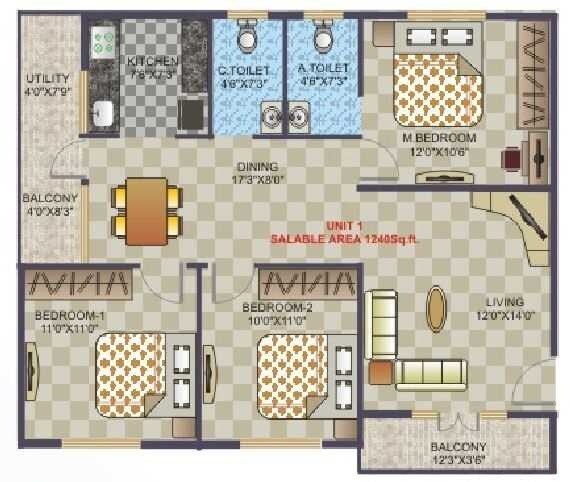 Floor plan of 3 BHK 1240 Sq. Ft. Apartment in Asritha Elegance, Bangalore