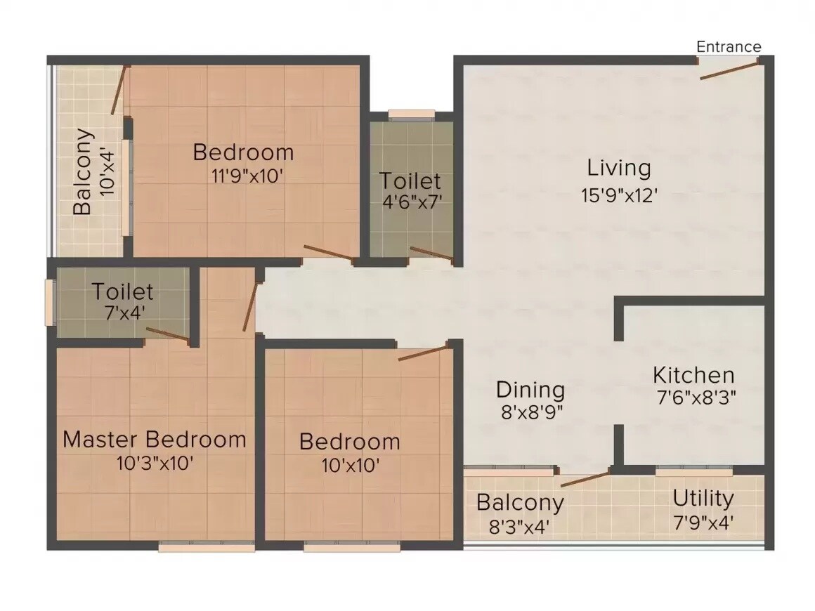 Floor plan of 3 BHK 1170 Sq. Ft. Apartment in Asritha Happy Living, Bangalore