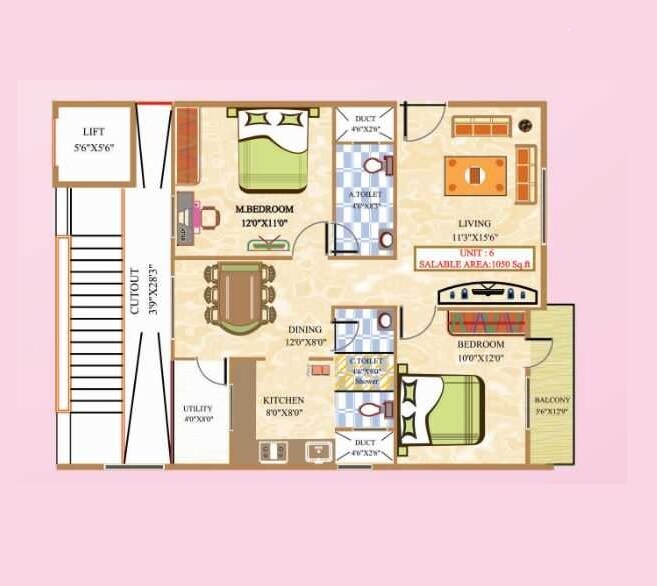 Floor plan of 2 BHK 1050 Sq. Ft. Apartment in Asrithas Blossom Heights, Bangalore