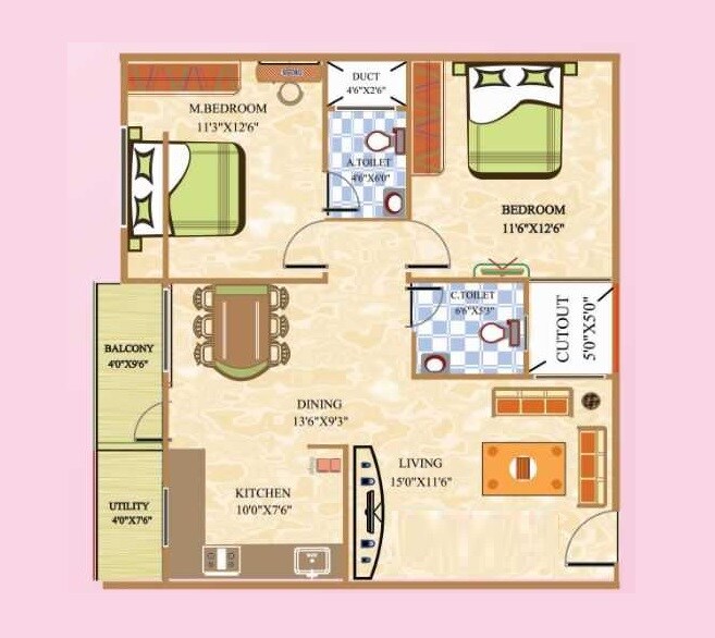 Floor plan of 2 BHK 1160 Sq. Ft. Apartment in Asrithas Blossom Heights, Bangalore