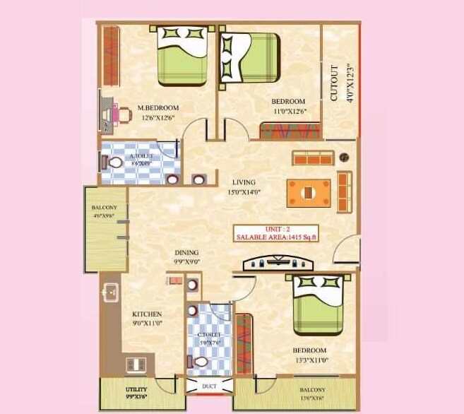 Floor plan of 3 BHK 1415 Sq. Ft. Apartment in Asrithas Blossom Heights, Bangalore