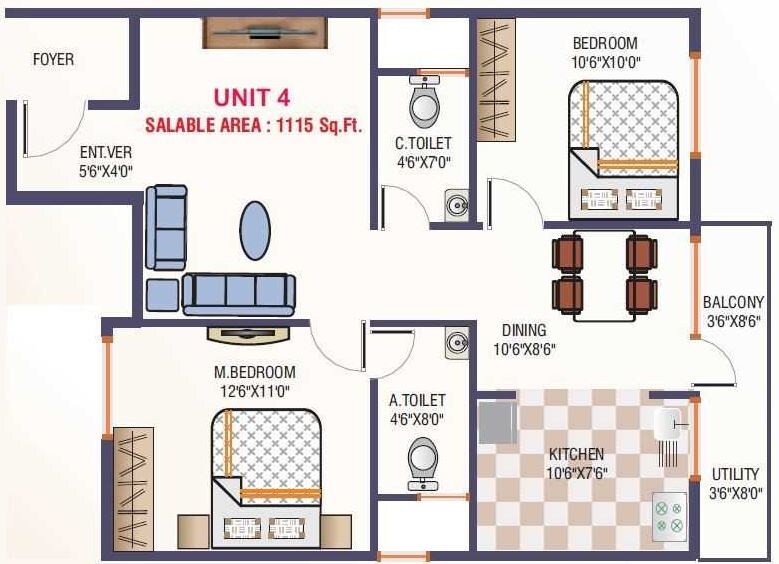 Floor plan of 2 BHK 1115 Sq. Ft. Apartment in Asrithas Grand Living, Bangalore