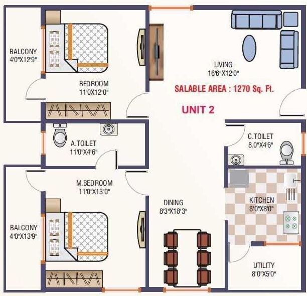 Floor plan of 2 BHK 1270 Sq. Ft. Apartment in Asrithas Grand Living, Bangalore