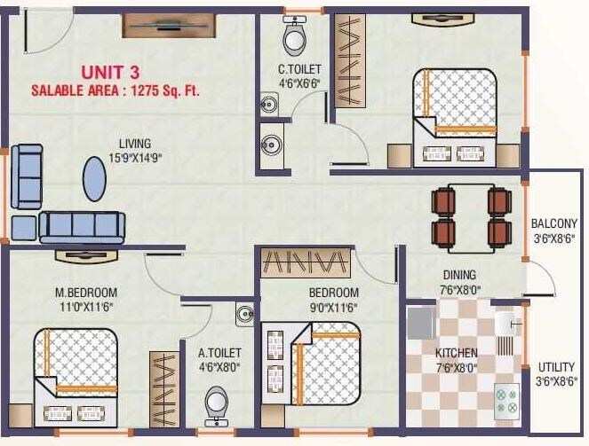 Floor plan of 3 BHK 1275 Sq. Ft. Apartment in Asrithas Grand Living, Bangalore