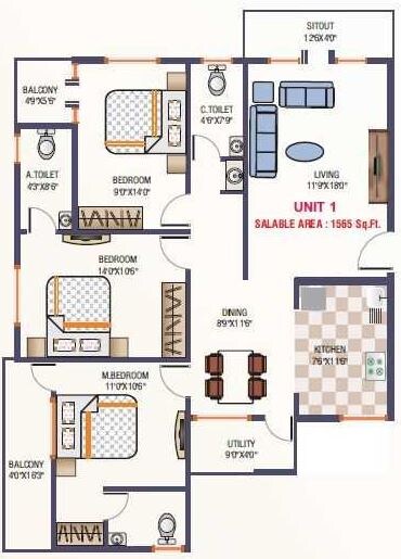 Floor plan of 3 BHK 1565 Sq. Ft. Apartment in Asrithas Grand Living, Bangalore