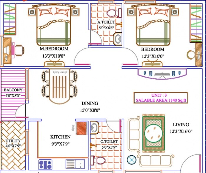 Floor plan of 2 BHK 1140 Sq. Ft. Apartment in Asrithas Ultima, Bangalore