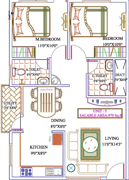 Floor plan of 2 BHK 970 Sq. Ft. Apartment in Asrithas Ultima, Bangalore