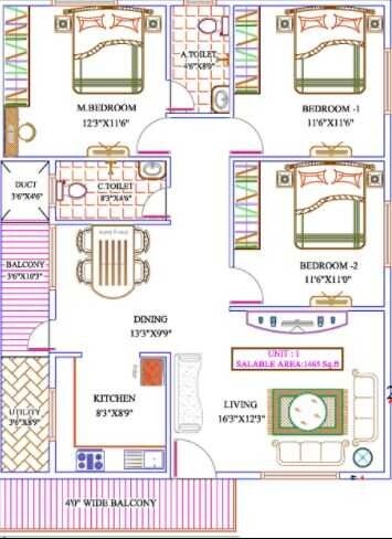 Floor plan of 3 BHK 1465 Sq. Ft. Apartment in Asrithas Ultima, Bangalore