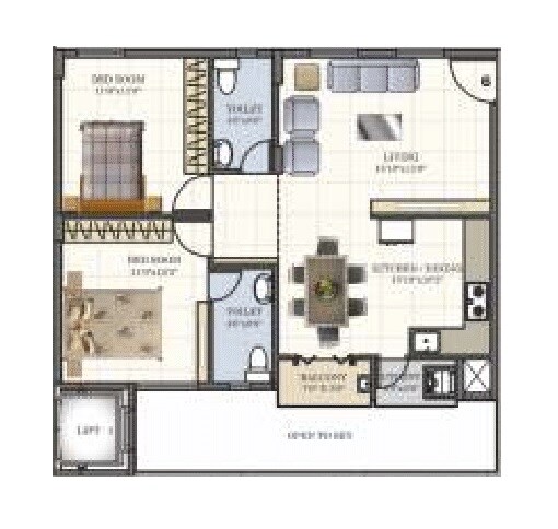 Floor plan of 2 BHK 1055 Sq. Ft. Apartment in ASRS Paradise, Bangalore