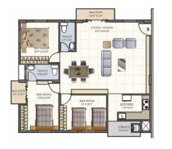 Floor plan of 3 BHK 1325 Sq. Ft. Apartment in ASRS Paradise, Bangalore