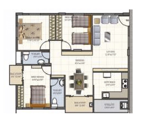 Floor plan of 3 BHK 1350 Sq. Ft. Apartment in ASRS Paradise, Bangalore