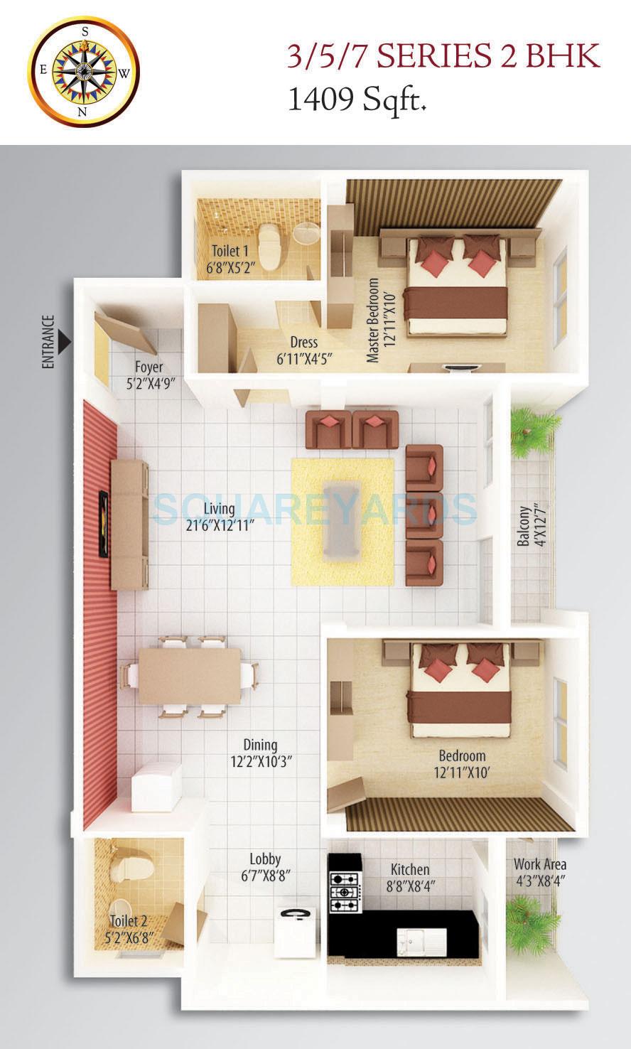Floor plan of 2 BHK 1409 Sq. Ft. Apartment in Asset Builders Alcazar, Bangalore