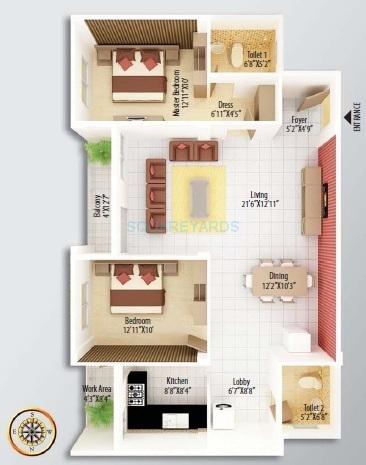 Floor plan of 2 BHK 1536 Sq. Ft. Apartment in Asset Builders Alcazar, Bangalore