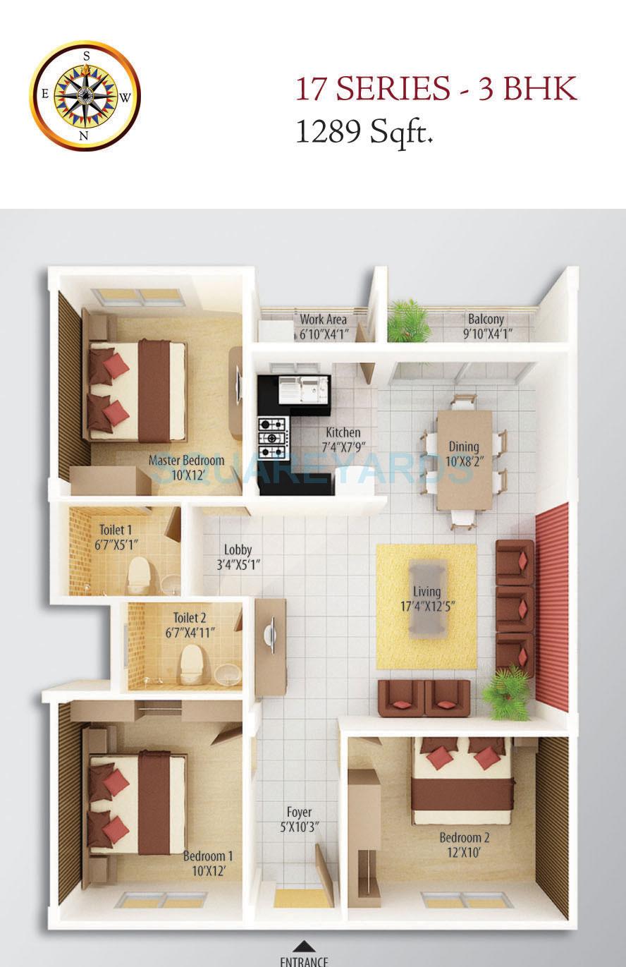 Floor plan of 3 BHK 1289 Sq. Ft. Apartment in Asset Builders Alcazar, Bangalore