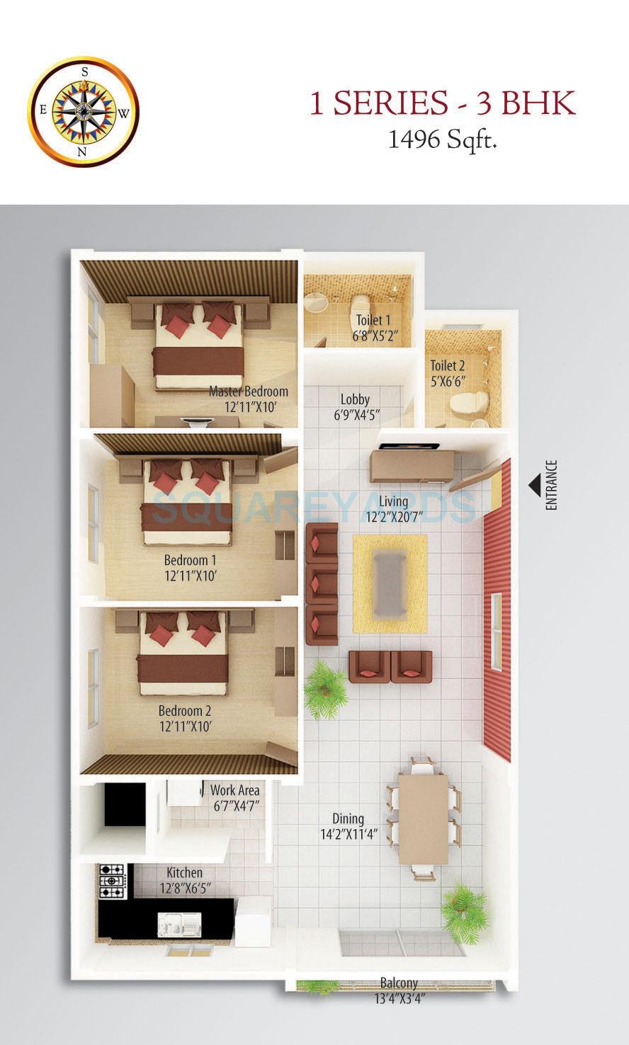 Floor plan of 3 BHK 1496 Sq. Ft. Apartment in Asset Builders Alcazar, Bangalore