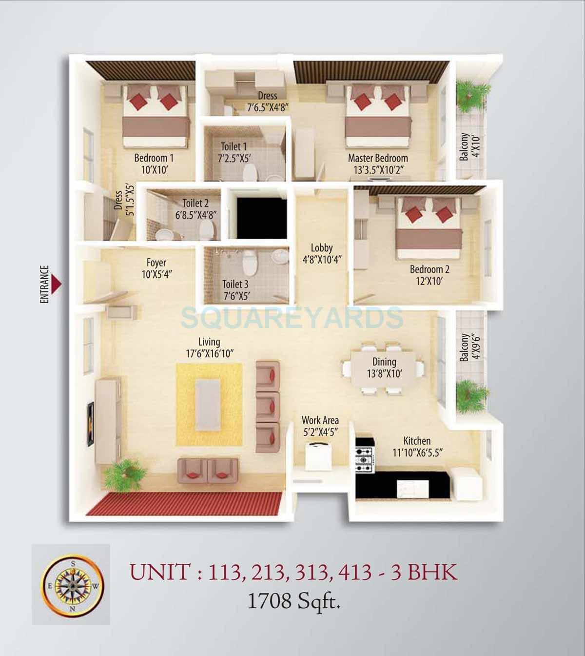Floor plan of 3 BHK 1708 Sq. Ft. Apartment in Asset Builders Alcazar, Bangalore