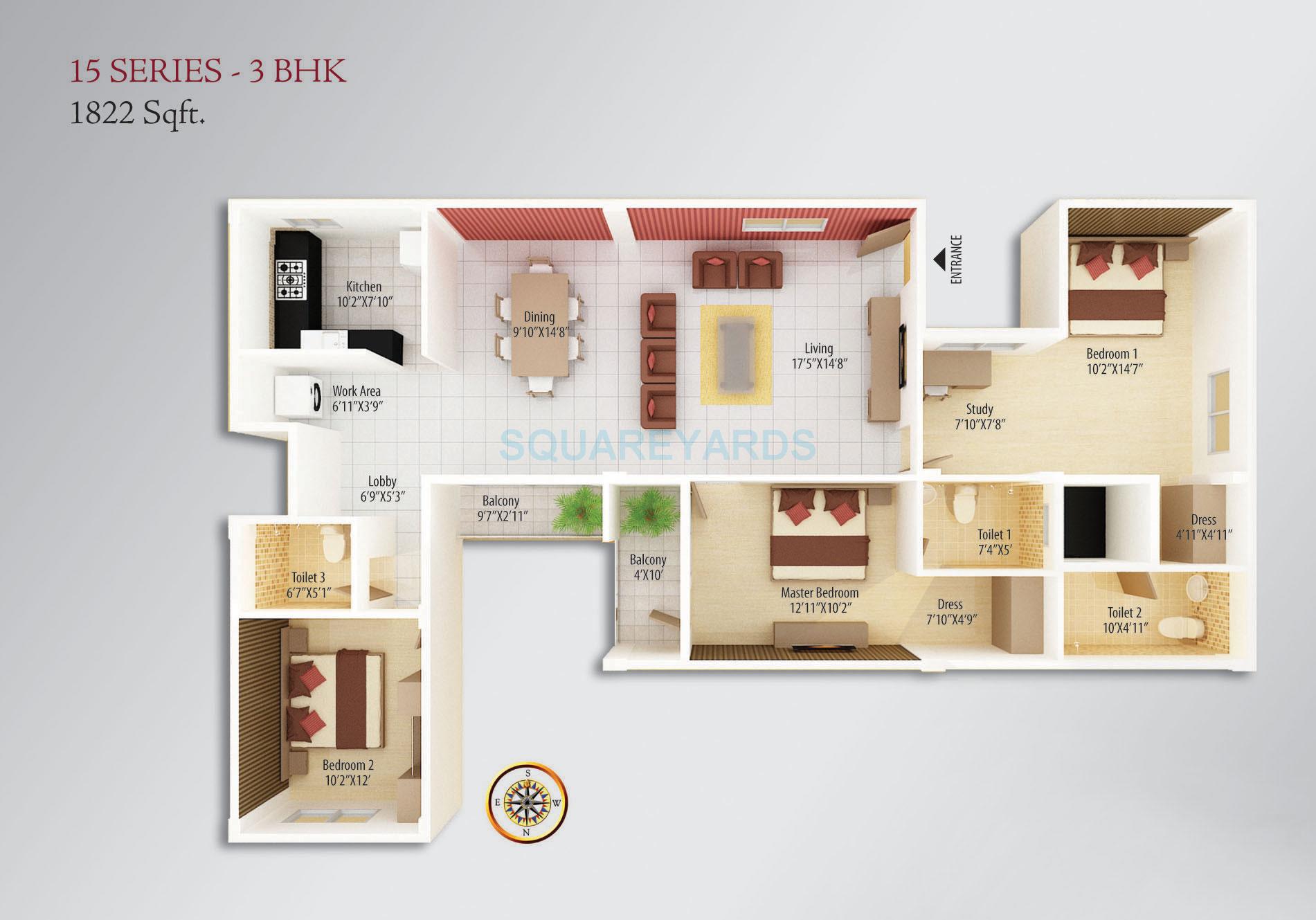 Floor plan of 3 BHK 1822 Sq. Ft. Apartment in Asset Builders Alcazar, Bangalore