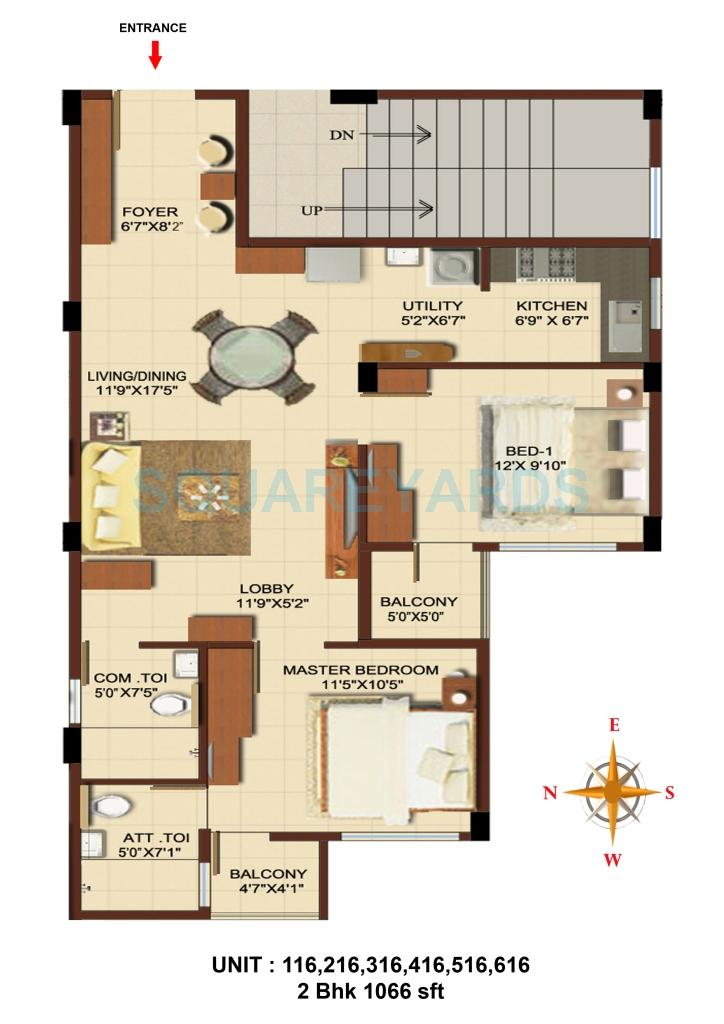 Floor plan of 2 BHK 1066 Sq. Ft. Apartment in Asset Builders Aura, Bangalore