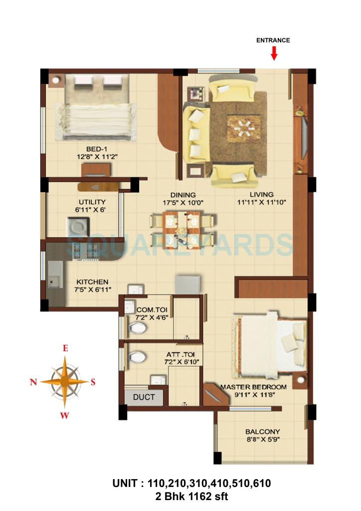 Floor plan of 2 BHK 1162 Sq. Ft. Apartment in Asset Builders Aura, Bangalore