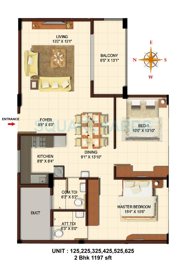 Floor plan of 2 BHK 1197 Sq. Ft. Apartment in Asset Builders Aura, Bangalore