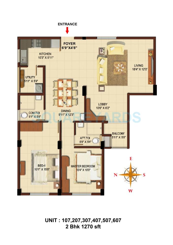 Floor plan of 2 BHK 1270 Sq. Ft. Apartment in Asset Builders Aura, Bangalore