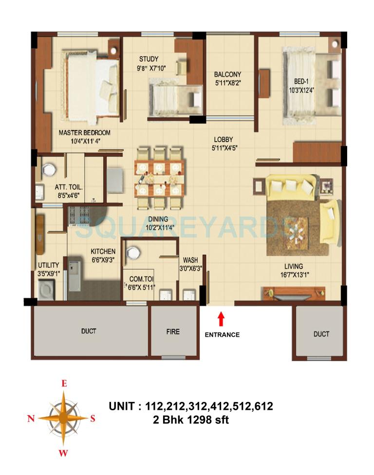 Floor plan of 2 BHK 1298 Sq. Ft. Apartment in Asset Builders Aura, Bangalore