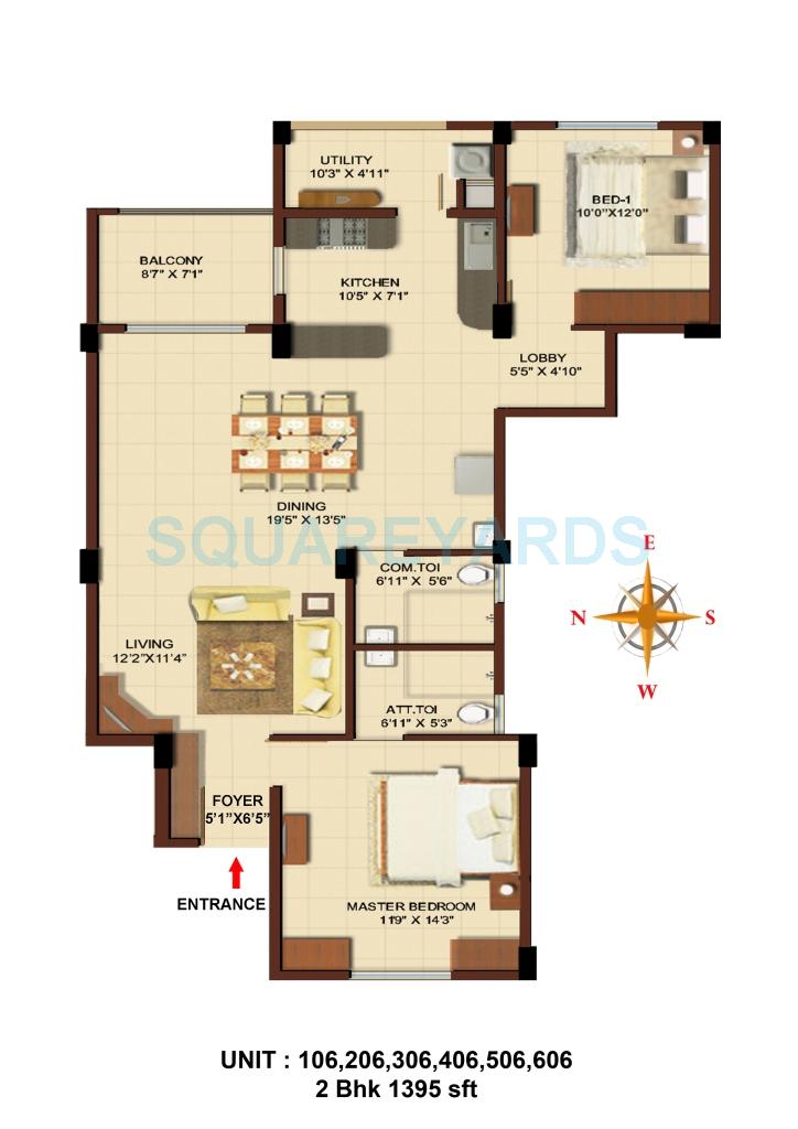 Floor plan of 2 BHK 1395 Sq. Ft. Apartment in Asset Builders Aura, Bangalore